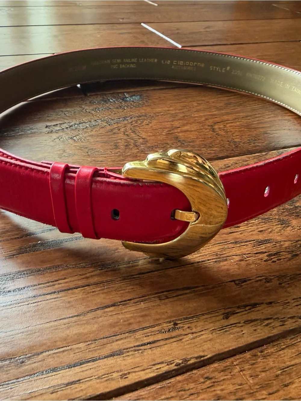 Vintage Liz Claiborne Red Leather Belt Oversized Gold Statement Buckle Medium